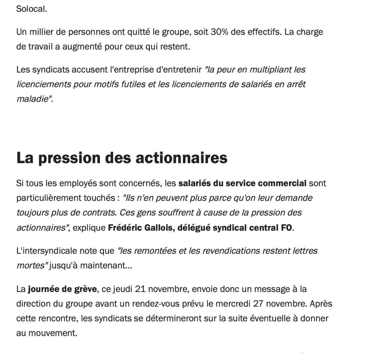 France Bleu novembre 2020 - Solocal en grève à Nancy contre le "management par la terreur"