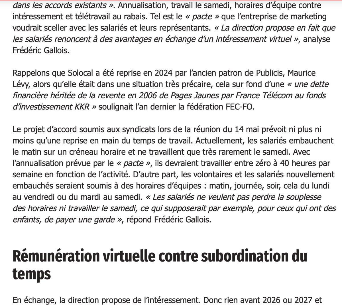 Solocal : FO refuse une subordination réelle contre une rémunération virtuelle