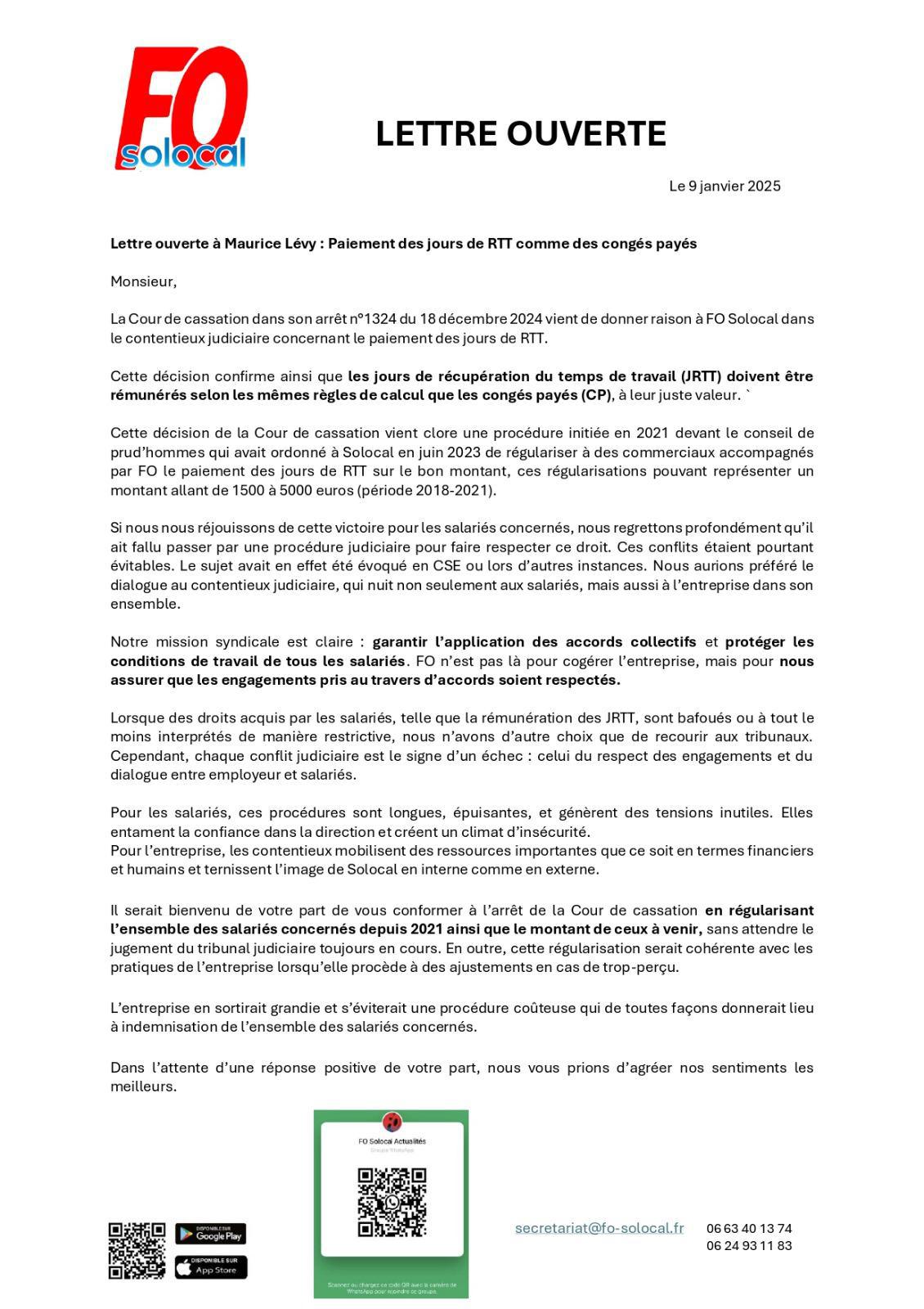 Lettre ouverte FO Solocal janvier 2025