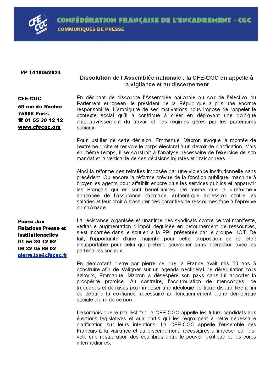 Dissolution de l’Assemblée nationale : la CFE-CGC en appelle à la vigilance et au discernement
