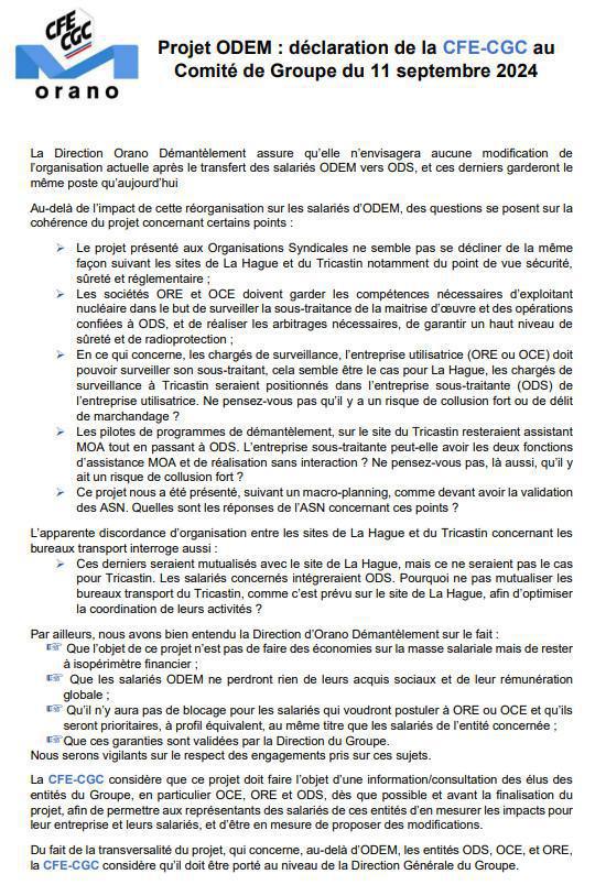 ODEM : Projet ODEM déclaration de la CFE-CGC au Comité de Groupe du 11 septembre 2024
