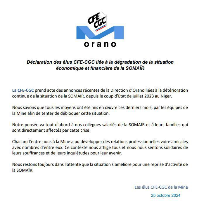 OMINING : Déclaration des élus CFE-CGC liée à la dégradation de la situation économique et financière de la SOMAÏR