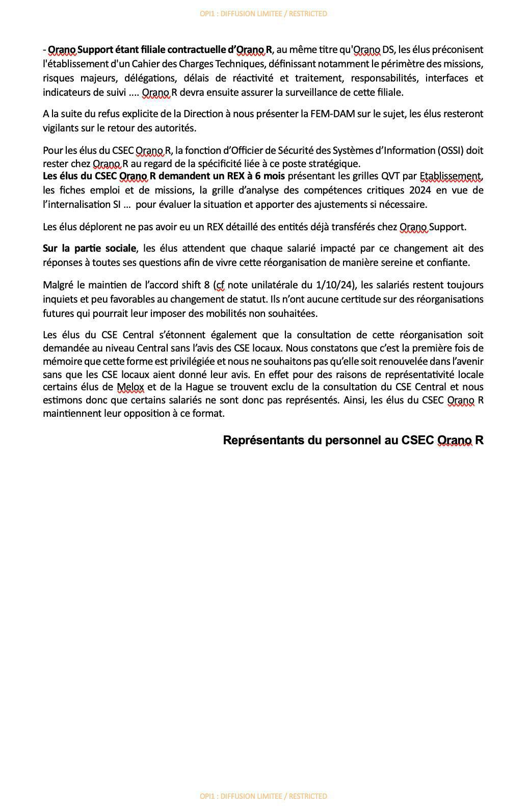 Orano RE : Déclaration des représentants du personnel en CSEC Extra Orano R du 25 Octobre 2024, concernant la consultation sur le projet de réorganisation du service informatique Orano Recyclage