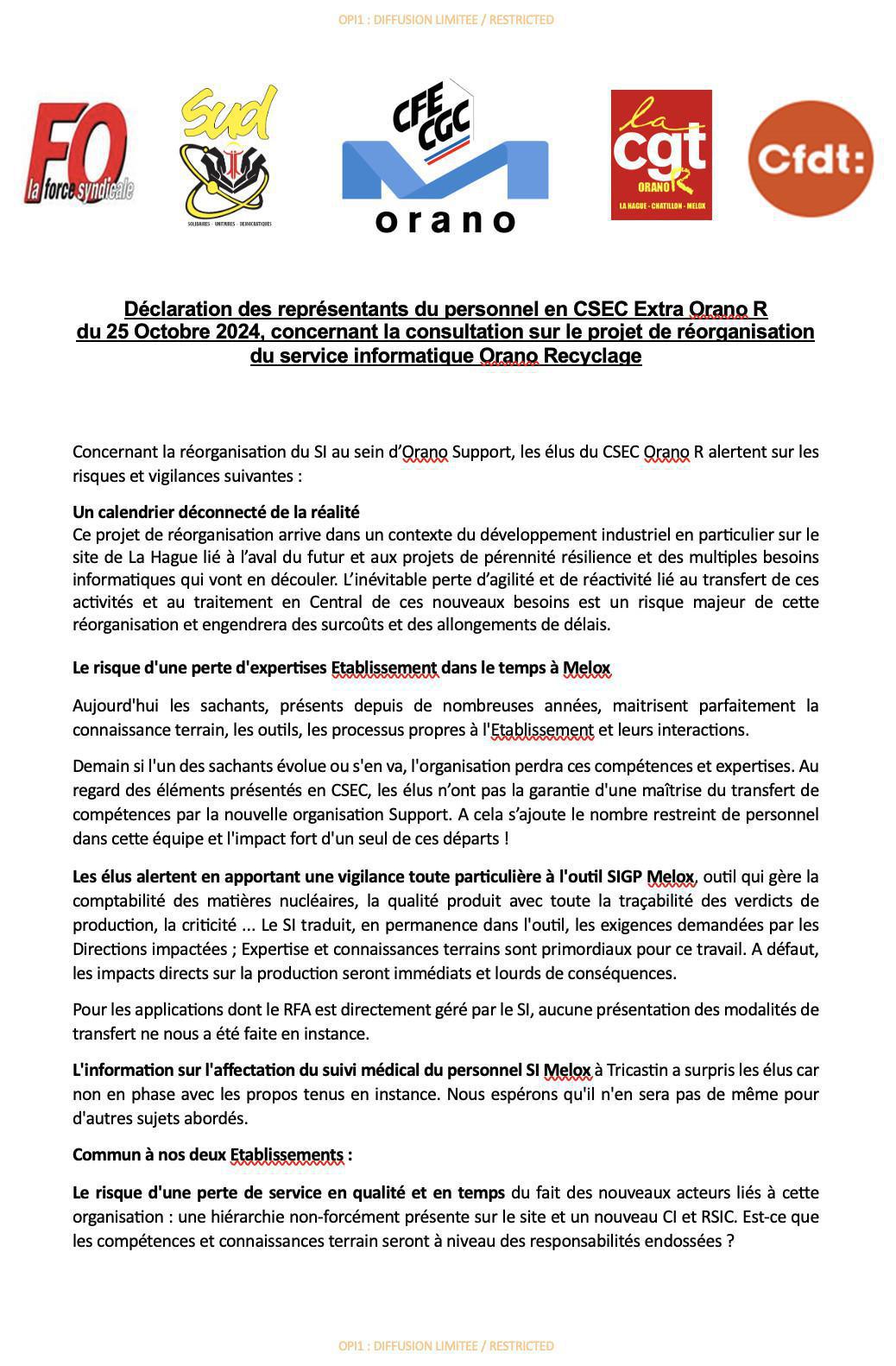 Orano RE : Déclaration des représentants du personnel en CSEC Extra Orano R du 25 Octobre 2024, concernant la consultation sur le projet de réorganisation du service informatique Orano Recyclage