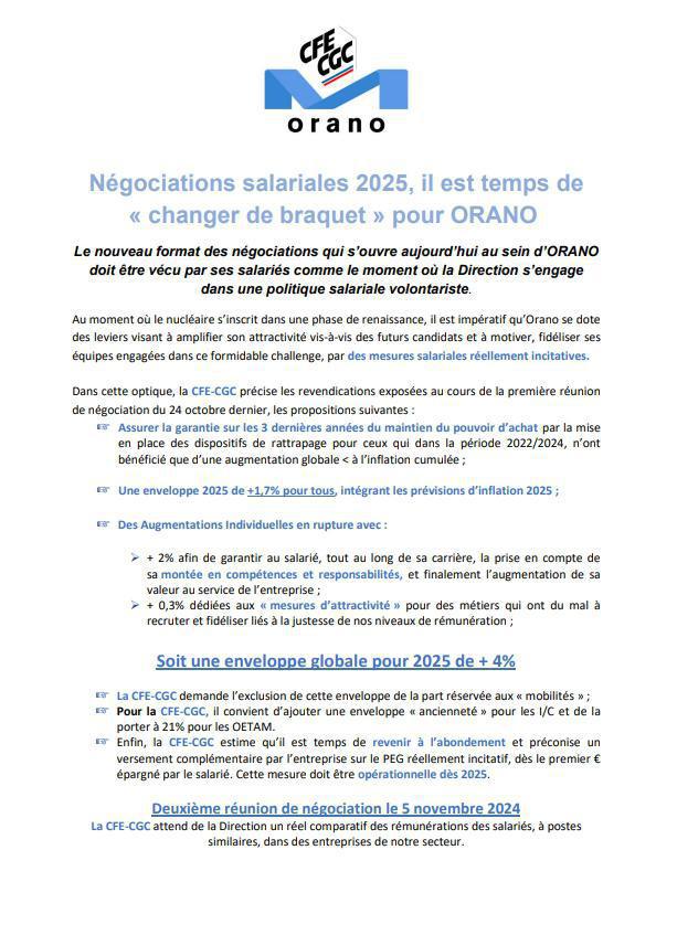 Orano - Négociations salariales 2025, il est temps de « changer de braquet » pour ORANO
