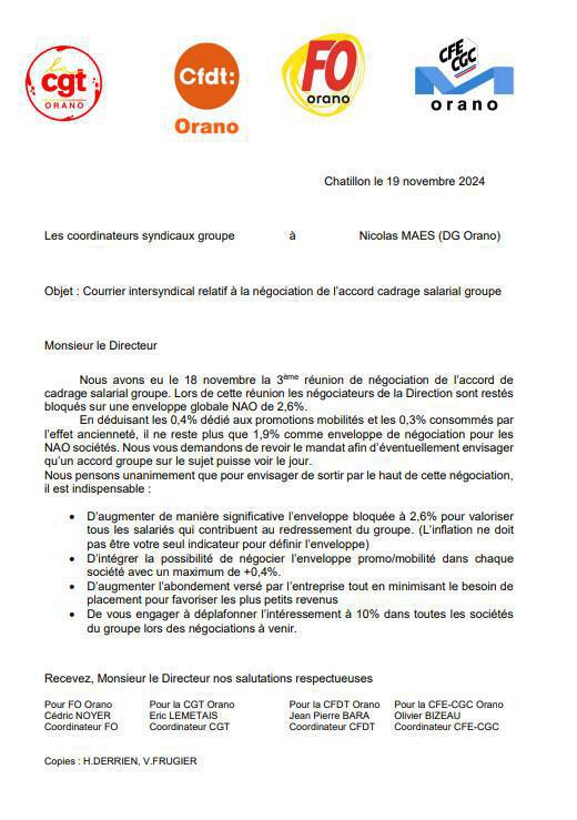 Orano - Courrier intersyndical relatif à la négociation de l’accord cadrage salarial groupe 