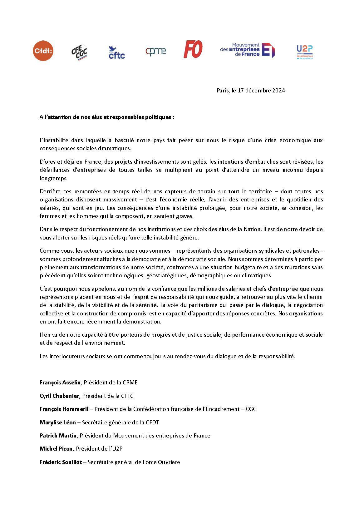CFE-CGC - Déclaration commune des organisations syndicales et patronales à l’intention des responsables politiques