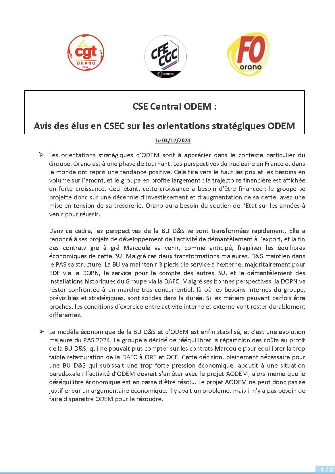 ODEM : Avis des élus en CSEC sur les orientations stratégiques ODEM 