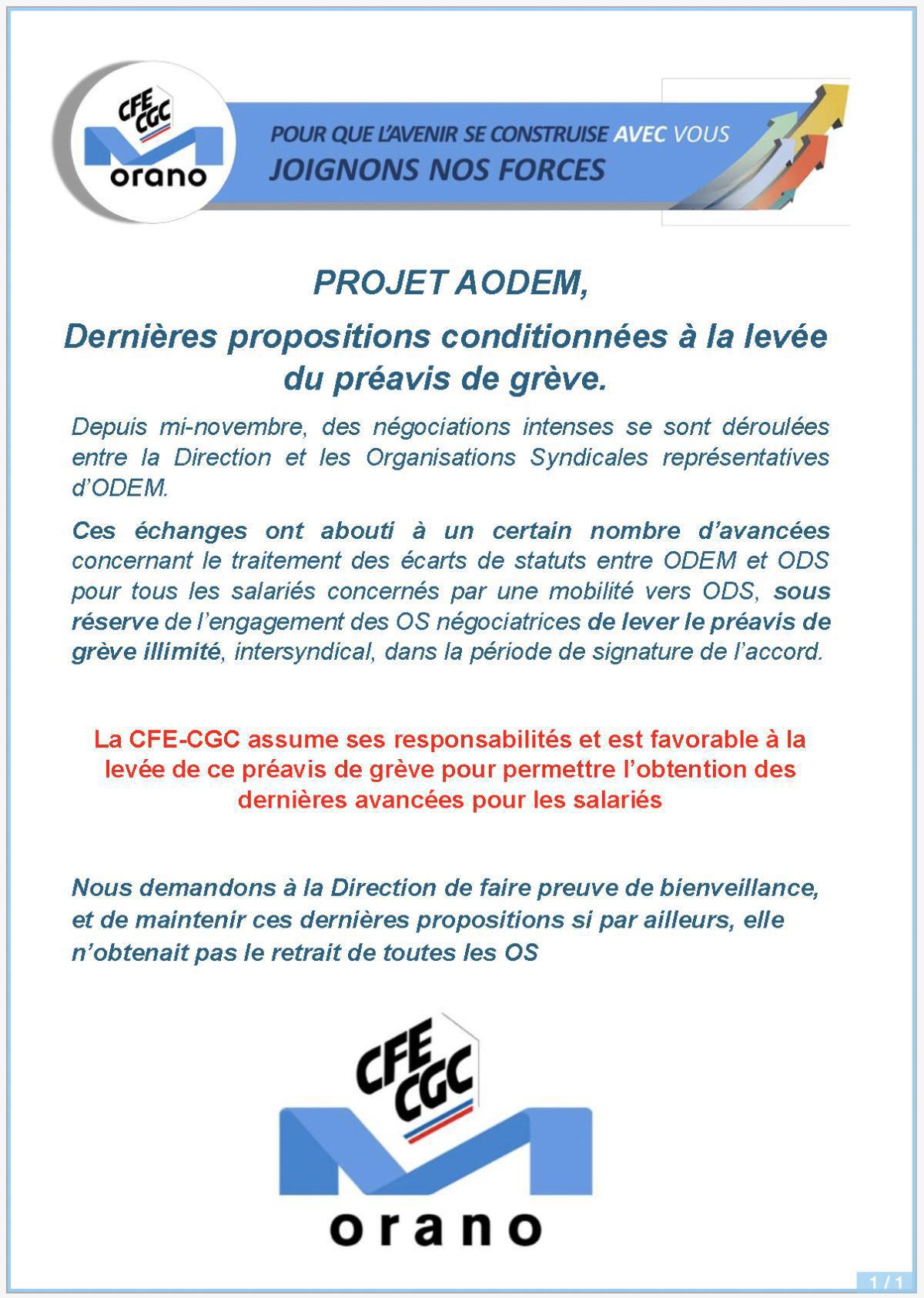 ODEM : PROJET AODEM - Dernières propositions conditionnées à la levée du préavis de grève.