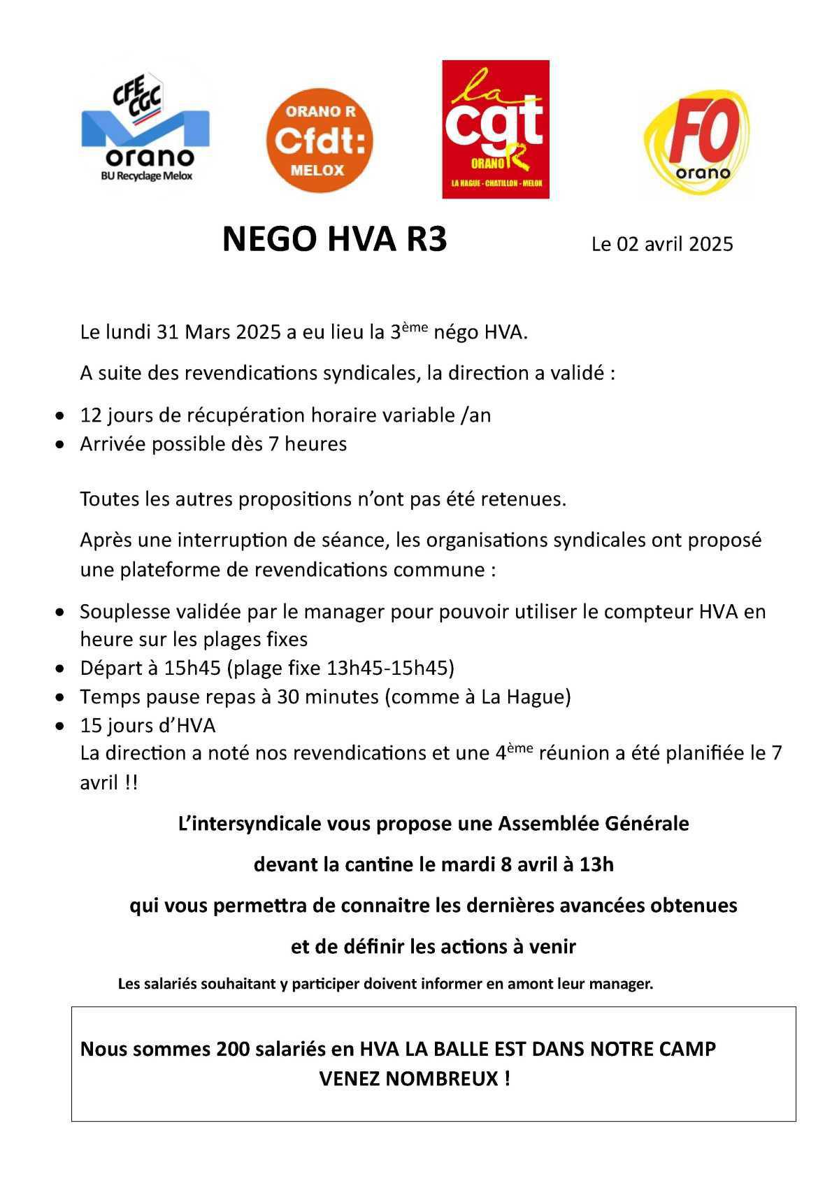 MELOX : Intersyndicale négociation HVA suite R3