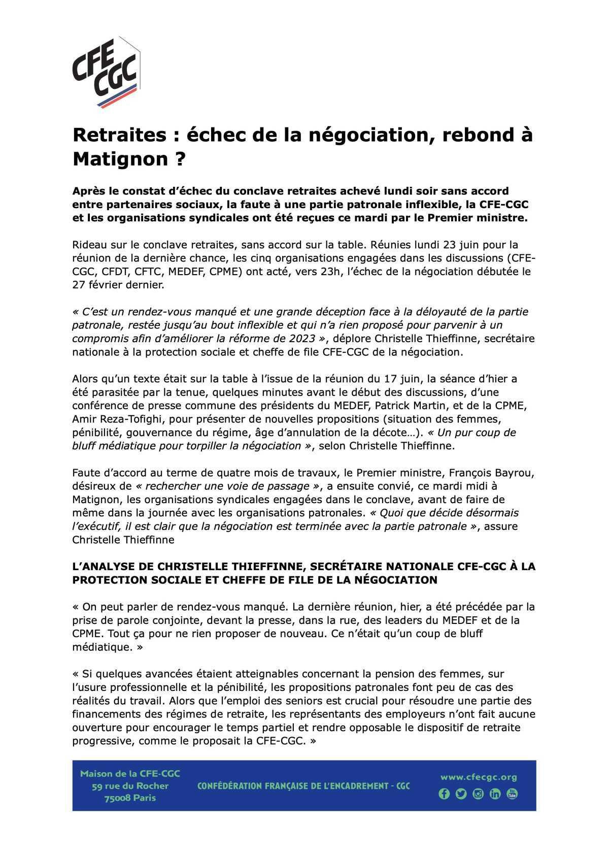 CFE-CGC : Retraites : échec de la négociation, rebond à Matignon ? 