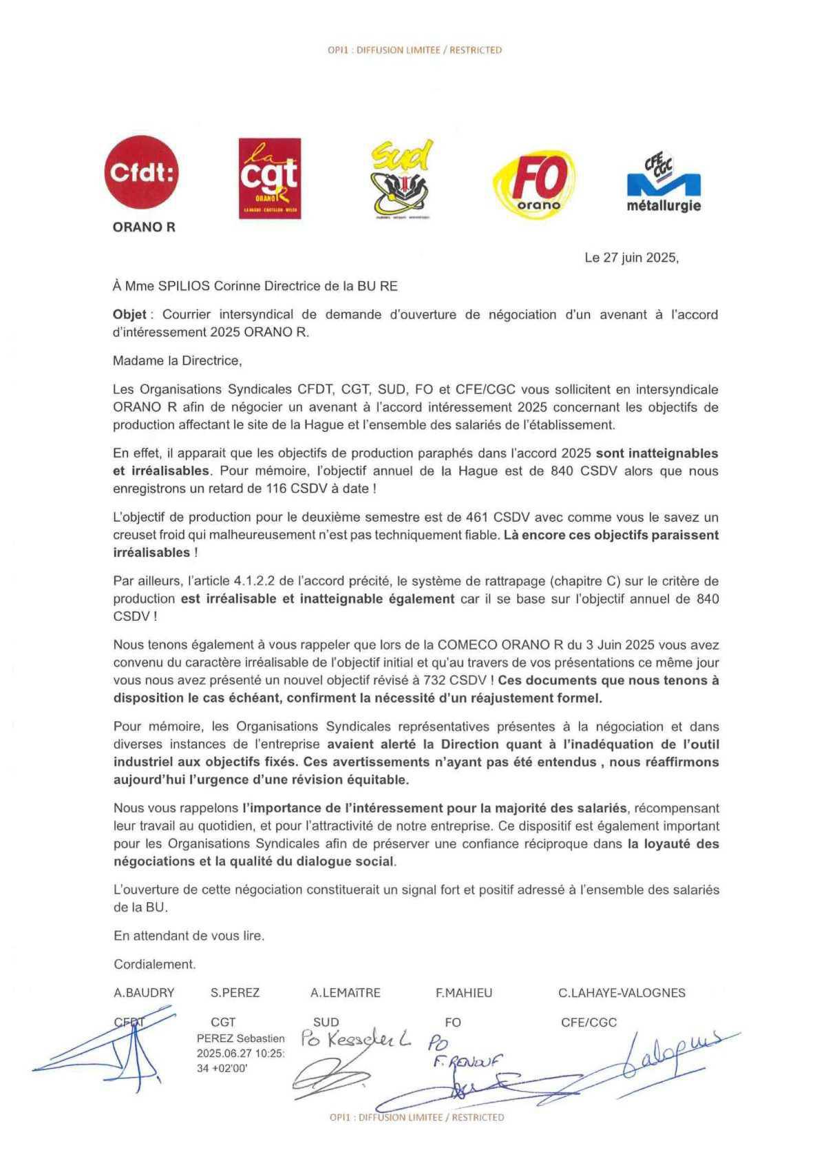Orano RE : Courrier intersyndical d'ouverture de négociation d'un avenant à l'accord intéressement 2025 Orano RE