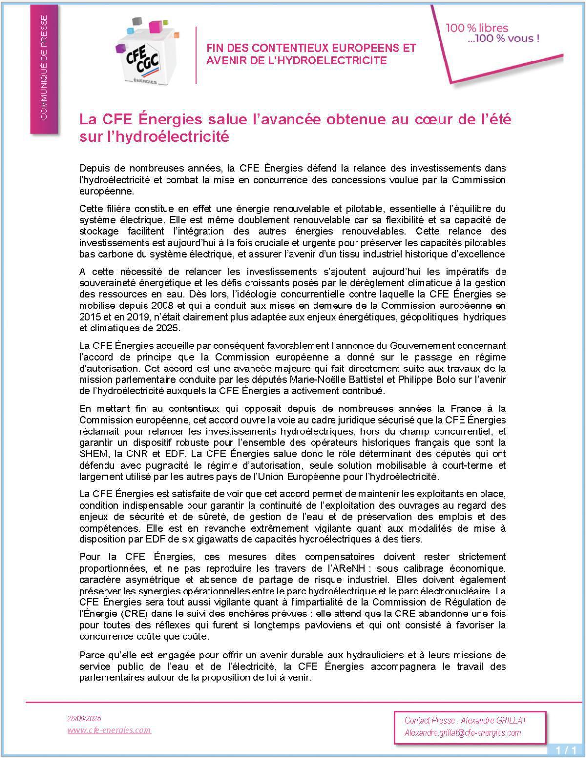 CFE-CGC : La CFE Énergies salue l’avancée obtenue au cœur de l’été sur l’hydroélectricité 