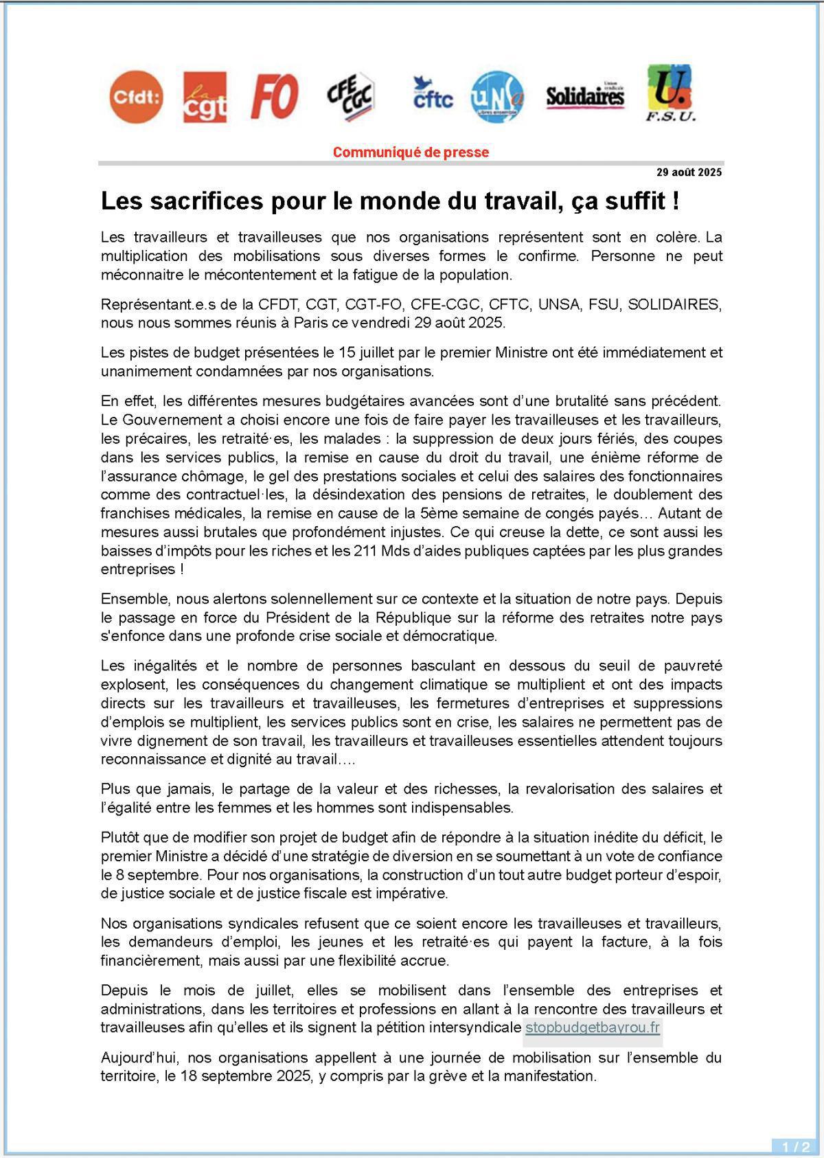 CFE-CGC : Les sacrifices pour le monde du travail, ça suffit ! , mobilisation du 18 septembre