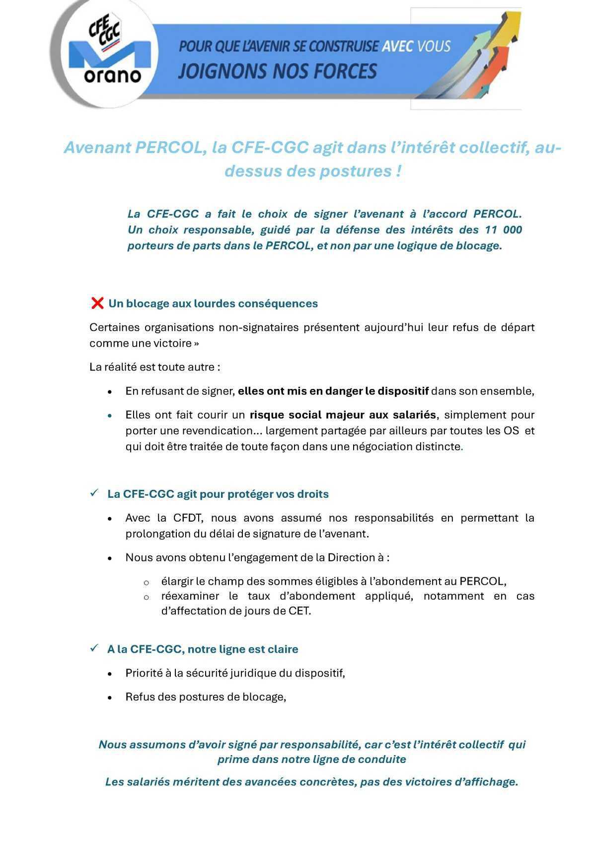 Orano : Avenant PERCOL, la CFE-CGC agit dans l’intérêt collectif, au-dessus des postures !