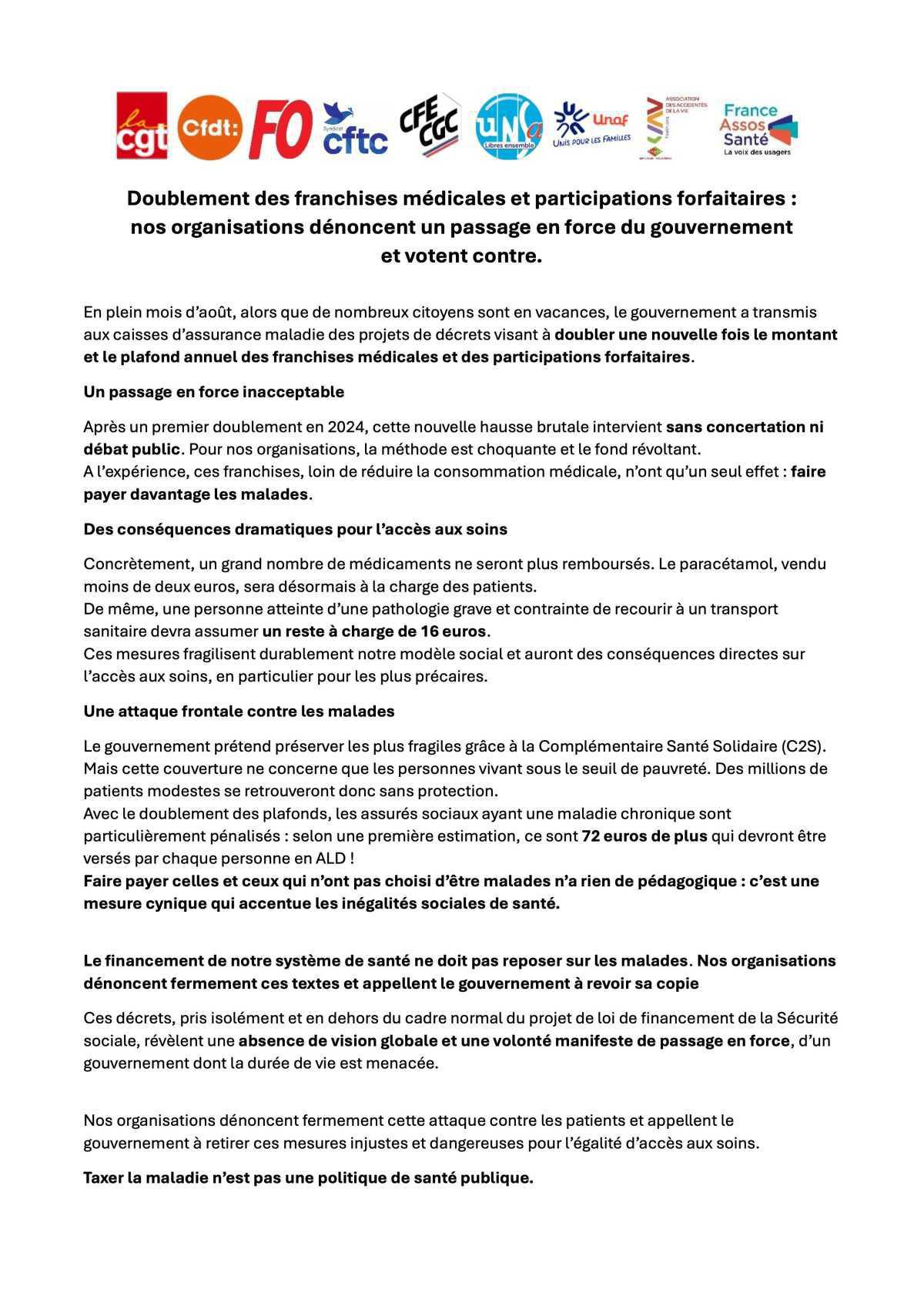 CFE-CGC - Doublement des franchises médicales et participations forfaitaires : nos organisations dénoncent un passage en force du gouvernement et votent contre. 
