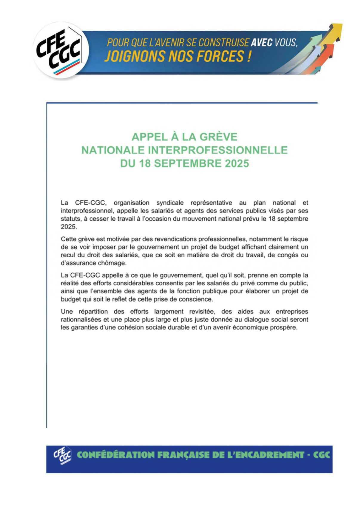 CFE-CGC : 18/09/2025 ->APPEL A LA GREVE NATIONALE INTERPROFESSINNELLE 