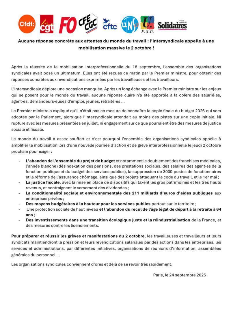 CFE-CGC : L'intersyndicale appelle à une mobilisation massive le 2 octobre !
