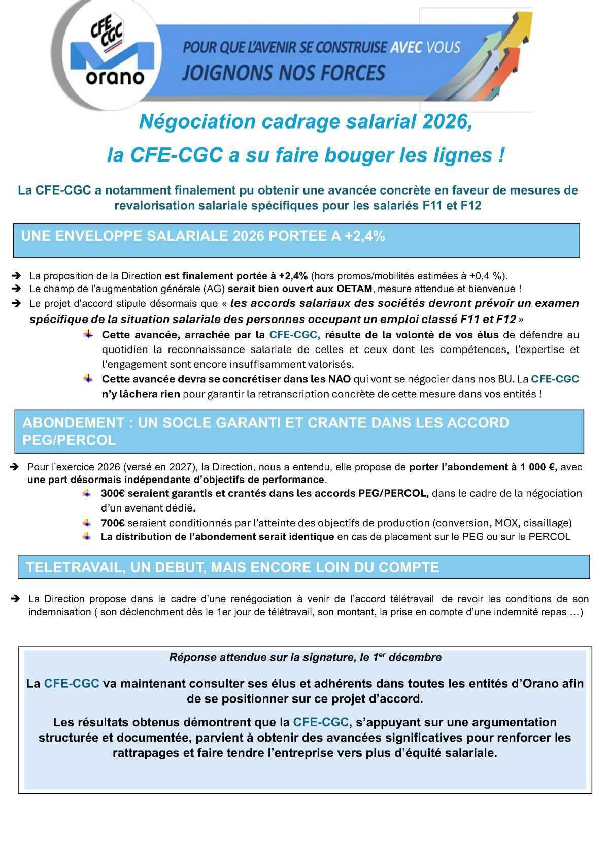 Orano : Cadrage salarial 2026, la CFE-CGC a su faire bouger les lignes !