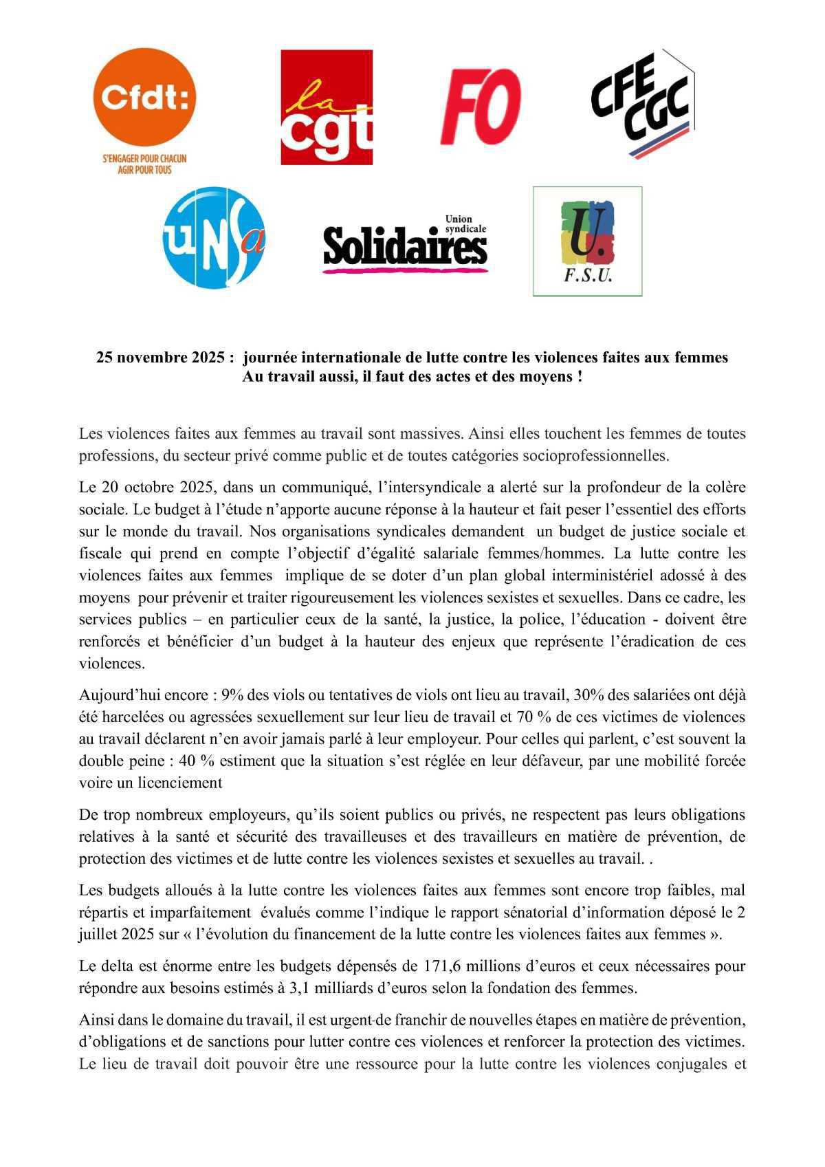 CFE-CGC - Intersyndicale : Au travail aussi, il faut des actes et des moyens ! Journée internationale de lutte contre les violences faites aux femmes