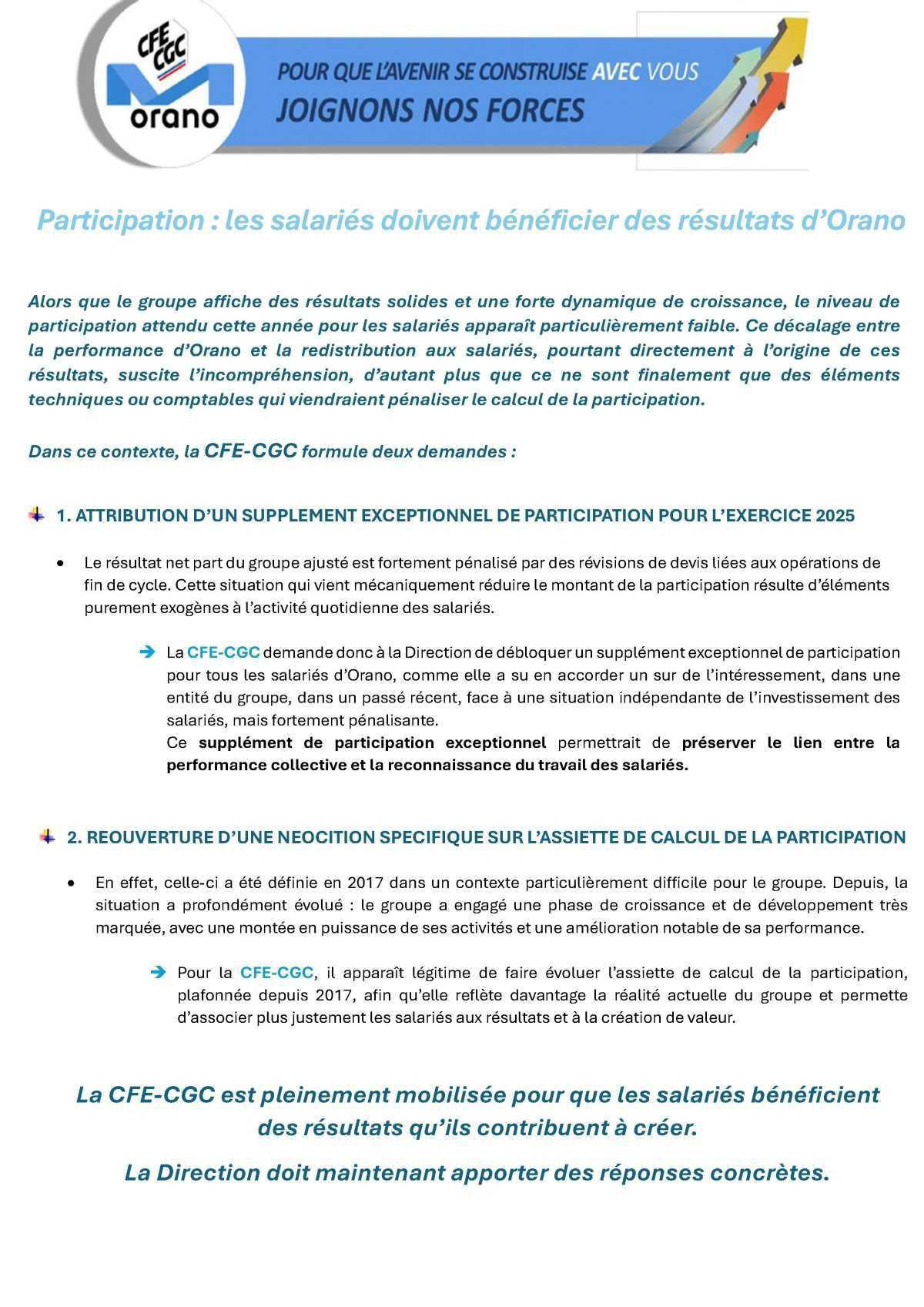 CFE-CGC : Participation : les salariés doivent bénéﬁcier des résultats d’Orano