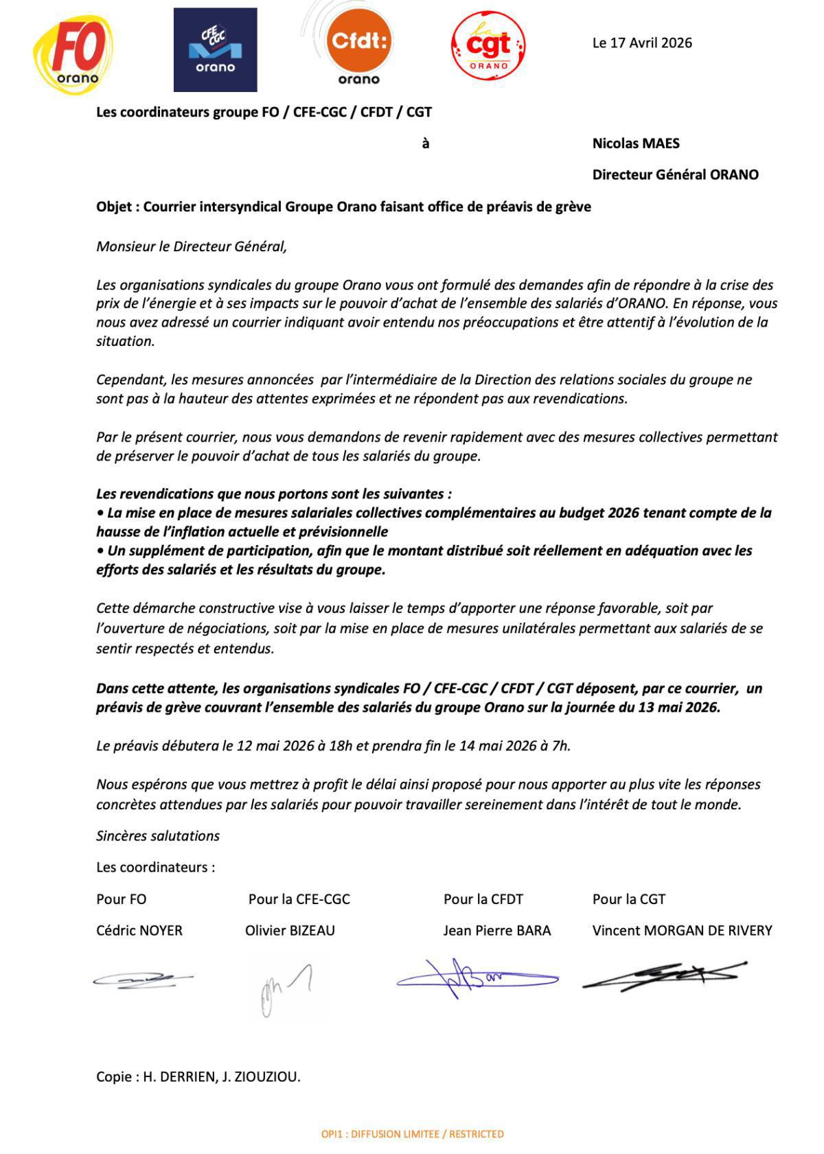 Orano : Courrier intersyndical Groupe Orano faisant office de préavis de grève du 12 mai