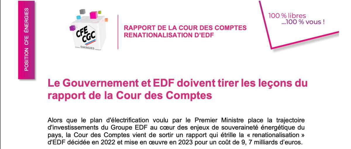 CFE-CGC : Le Gouvernement et EDF doivent tirer les leçons du rapport de la Cour des Comptes