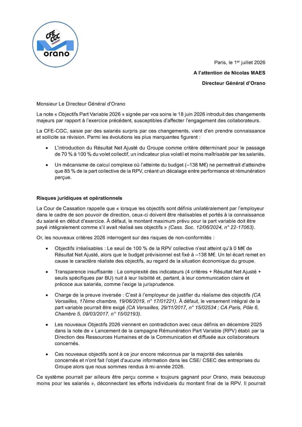 CFE-CGC : Note RPV 2026, demande de la CFE-CGC de révision