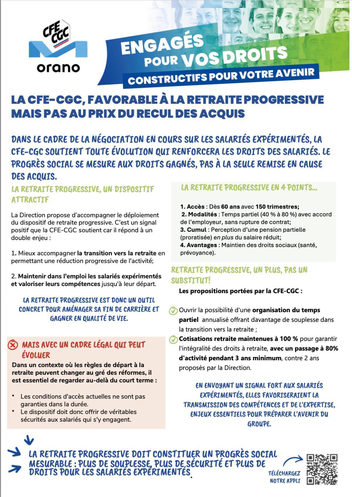 Orano : La CFE-CGC, FAVORABLE à la retraite progressive, mais pas au prix du recul des acquis