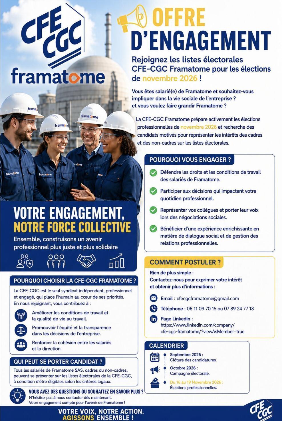 Framatome : 📣 OFFRE D'ENGAGEMENT, Rejoignez les listes électorales CFE-CGC Framatome pour les élections de novembre 2026!