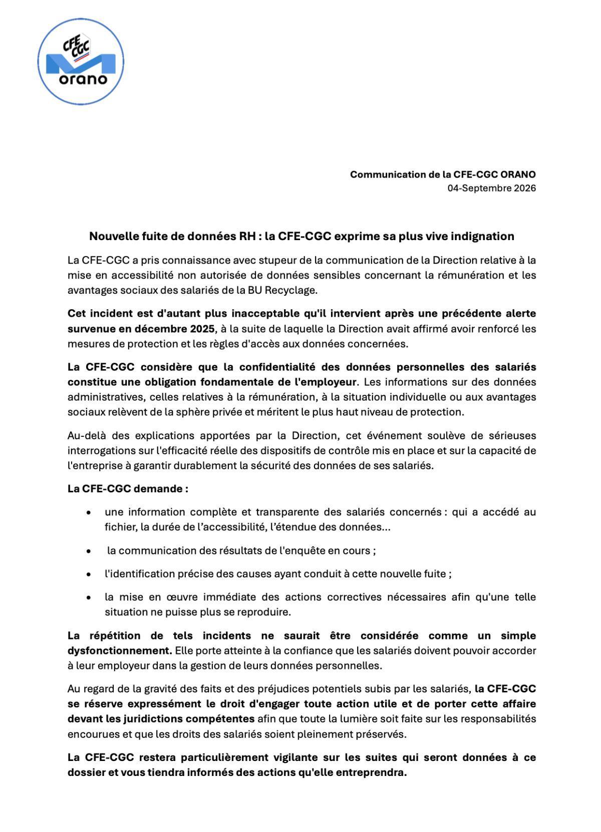 Orano : Nouvelle fuite de données RH : la CFE-CGC exprime sa plus vive indignation