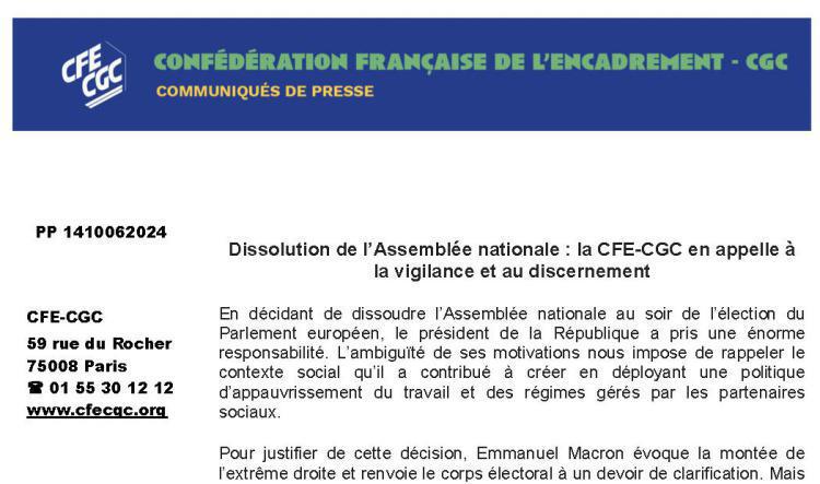 Dissolution de l’Assemblée nationale : la CFE-CGC en appelle à  la vigilance et au discernement
