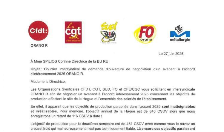 Orano RE : Courrier intersyndical d'ouverture de négociation d'un avenant à l'accord intéressement 2025 Orano RE