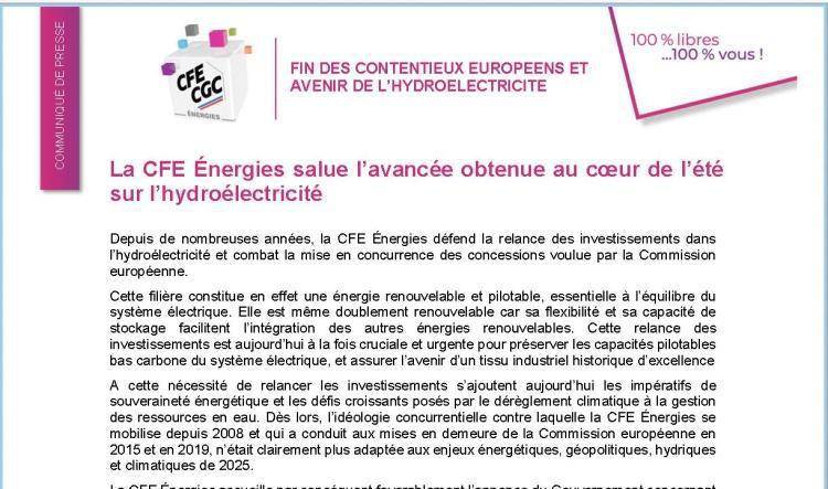 CFE-CGC : La CFE Énergies salue l’avancée obtenue au cœur de l’été sur l’hydroélectricité