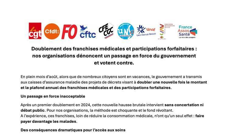 CFE-CGC - Doublement des franchises médicales et participations forfaitaires : nos organisations dénoncent un passage en force du gouvernement et votent contre.
