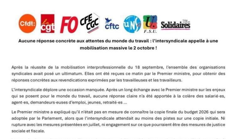 CFE-CGC : L'intersyndicale appelle à une mobilisation massive le 2 octobre !