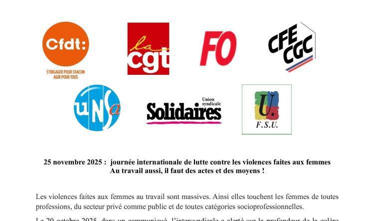 CFE-CGC - Intersyndicale : Au travail aussi, il faut des actes et des moyens ! Journée internationale de lutte contre les violences faites aux femmes