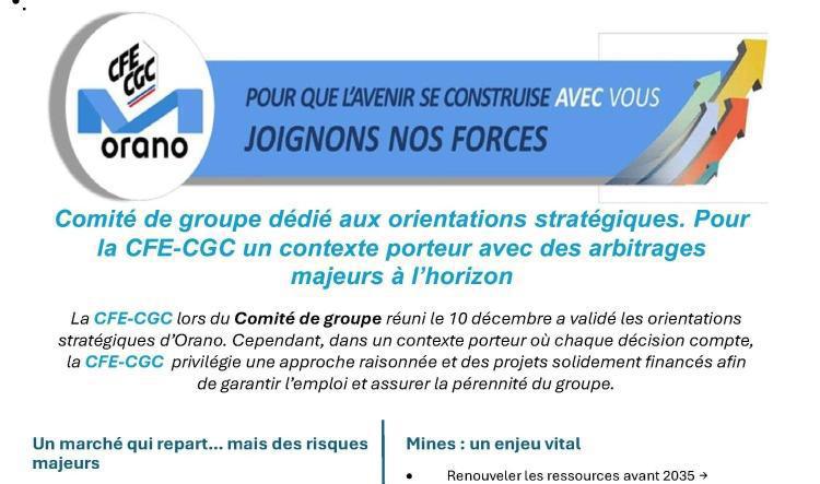 Orano : Comité de groupe dédié aux orientations stratégiques. Pour la CFE-CGC un contexte porteur avec des arbitrages majeurs à l’horizon