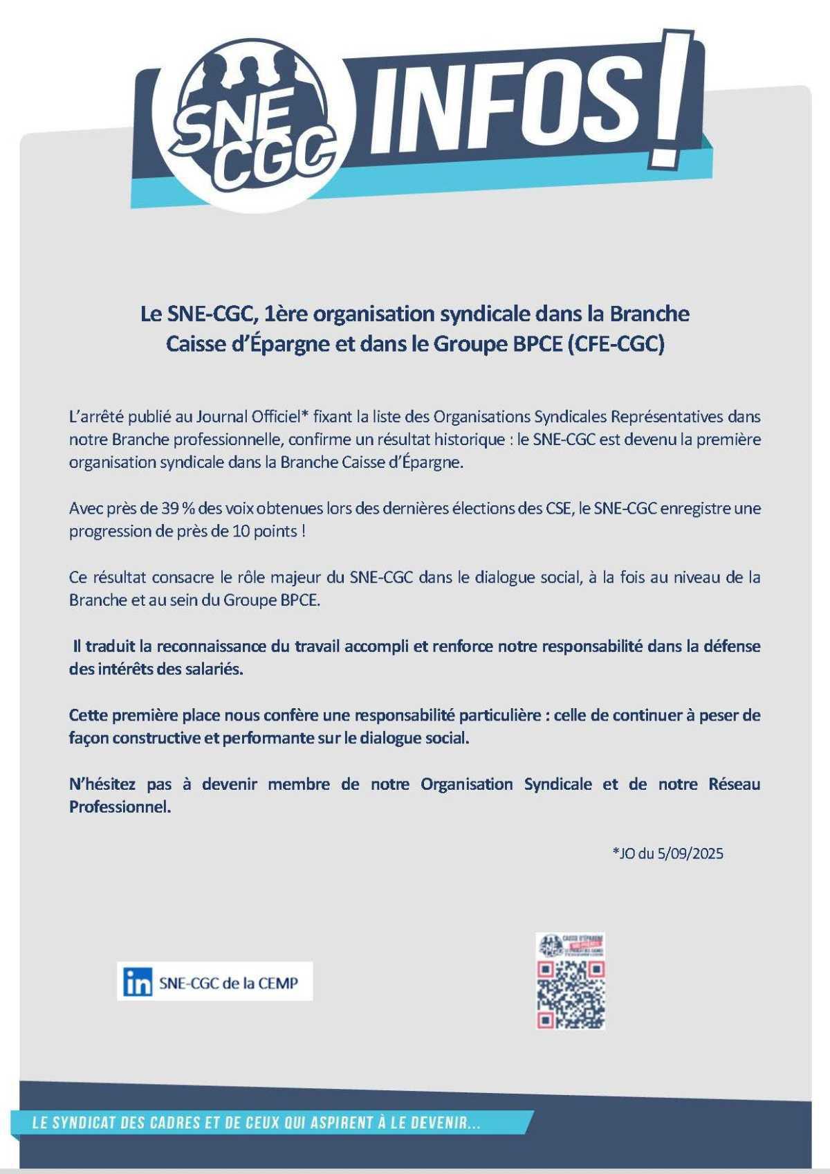 Le SNE-CGC, 1ère organisation syndicale dans la Branche Caisse d’Épargne et dans le Groupe BPCE (CFE-CGC)