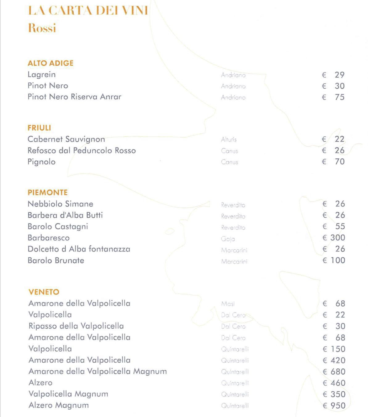 La carta dei vini La carta dei vini