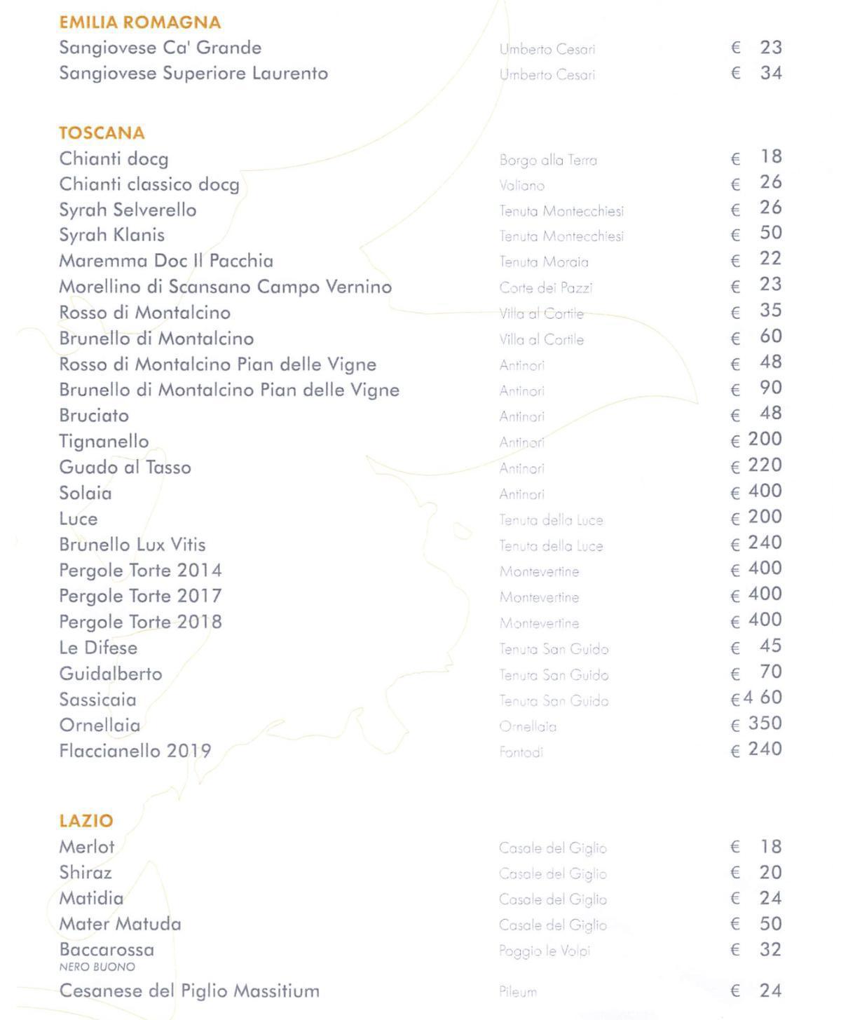 La carta dei vini La carta dei vini