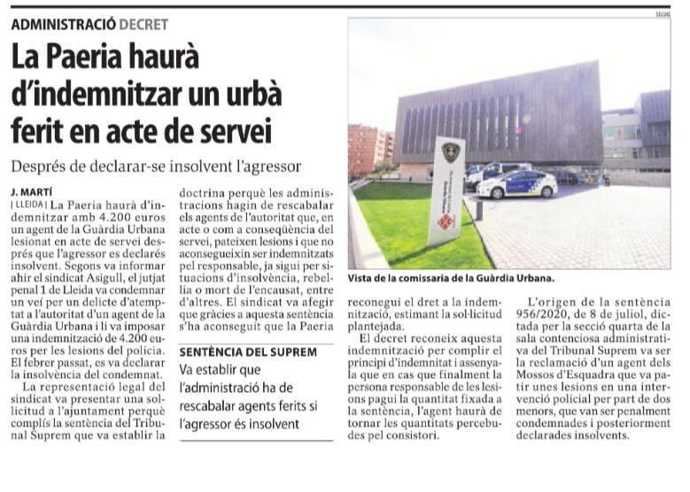 L’AJUNTAMENT HAURÀ DE PAGAR PER LES LESIONS D’UN COMPANY PATIDES EN ACTE DE SERVEI L’AJUNTAMENT HAURÀ DE PAGAR PER LES LESIONS D’UN COMPANY PATIDES EN ACTE DE SERVEI