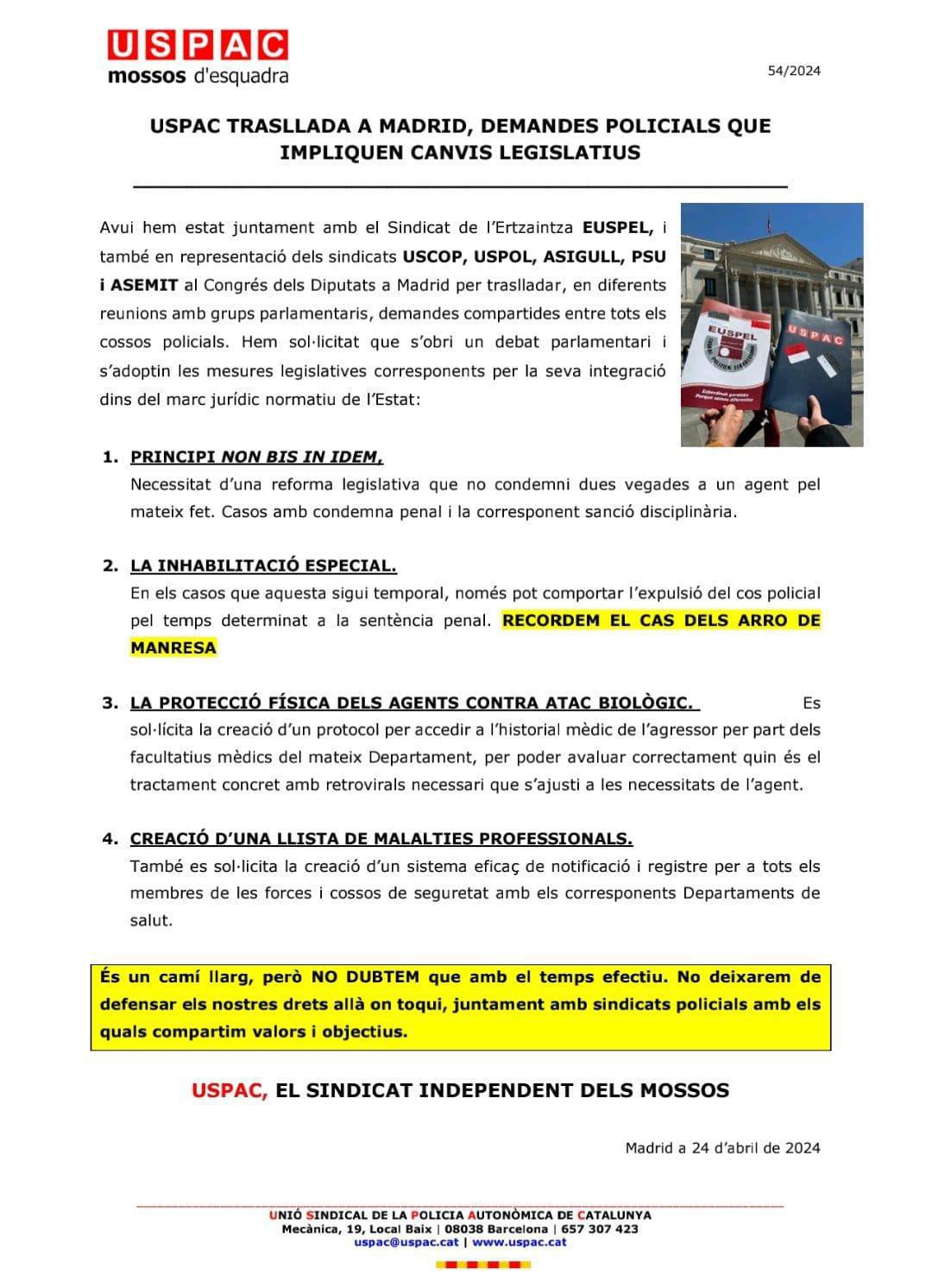 ASIGULL PORTA A MADRID ALGUNES DE LES PRINCIPALS DEMANDES POLICIALS ASIGULL PORTA A MADRID ALGUNES DE LES PRINCIPALS DEMANDES POLICIALS