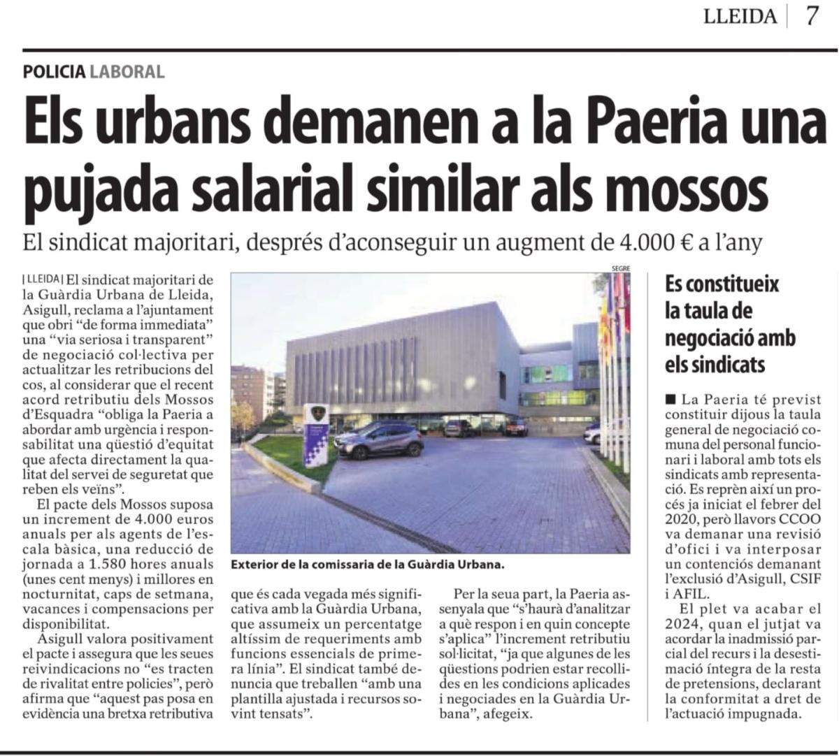 Requeriment d’ampliació de places d’agent a la Guàrdia Urbana de Lleida i reforç urgent del quadrant Q5, base operativa del servei 24/365