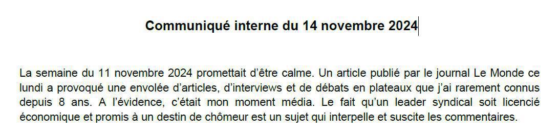 François HOMMERIL: Communiqué interne du 14 novembre 2024 