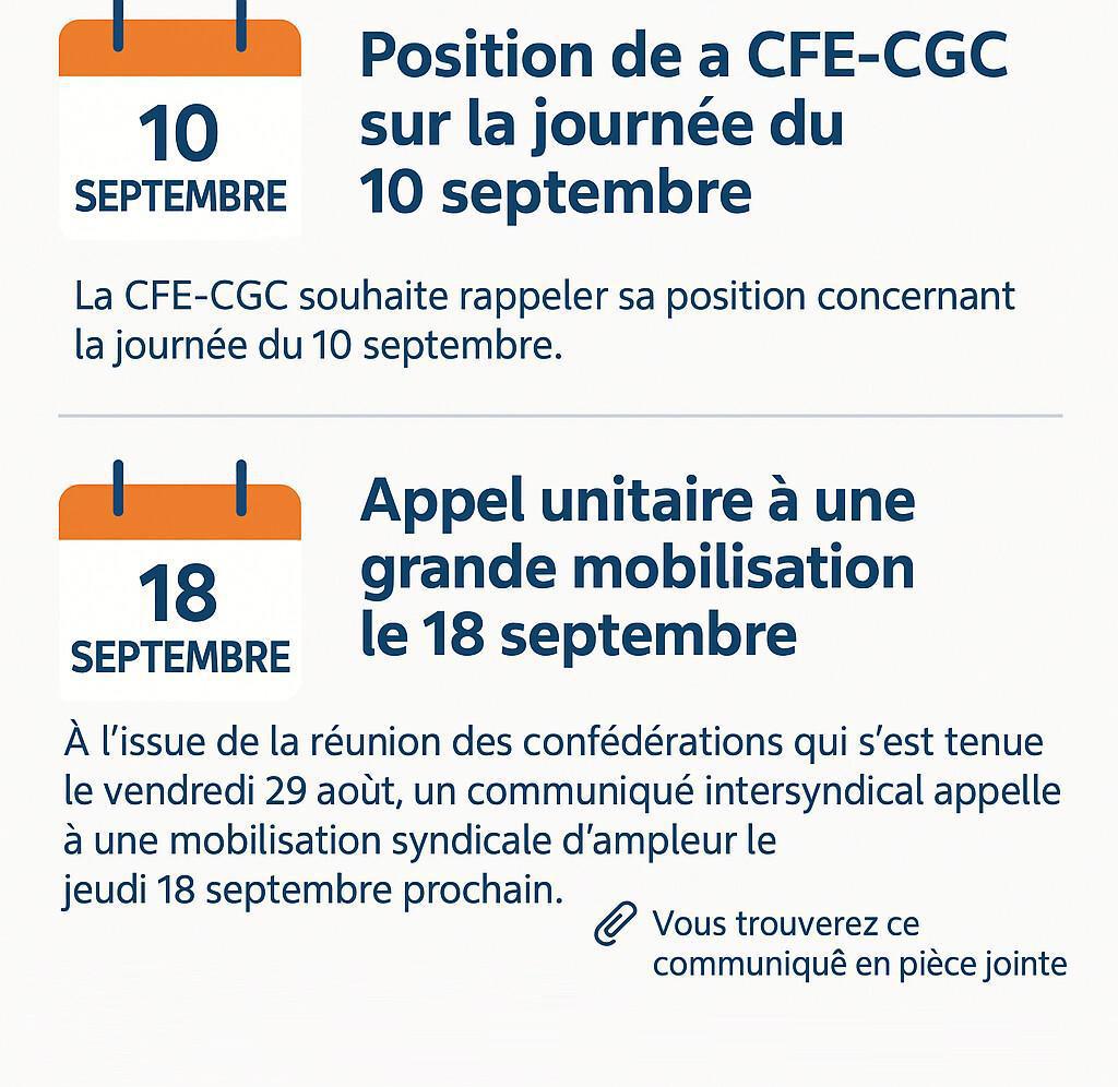 Mobilisation Intersyndicale le 18 septembre - La CFE-CGC ne rejoint pas le mouvement du 10. Mobilisation Intersyndicale le 18 septembre - La CFE-CGC ne rejoint pas le mouvement du 10.