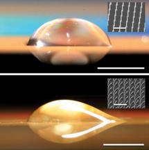 Una gota simétrica (arriba) se forma en una superficie recta con nano-pilares, mientras que en una superficie inclinada con pilares (abajo) de la gota es asimétrica, que se extiende sólo a la derecha. MIT News.