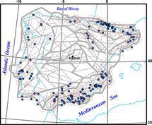 Mapa de nodos con potencial de generar terremotos moderados en la Península Ibérica. Imagen: A. I. Gorshkov et al.