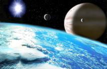 Representación artística de un planeta extrasolar gigante con un satélite similar a la tierra, con vastos océanos de agua. Imagen: Lucianomendez. Fuente: Wikimedia Commons. 