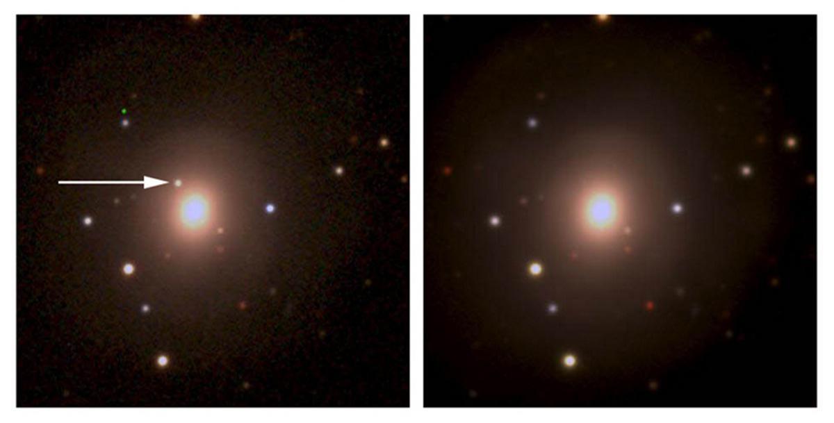 A LA IZQUIERDA: Imagen de la galaxia NGC4993 tomada por DES (Dark Energy Survey) el 18 de agosto de 2017 en la que la flecha señala la posición de la primera detección óptica de la explosión (Kilonova) resultante del choque de dos estrellas de neutrones. Esta explosión fue detectada horas antes como una onda gravitacional por los interferómetros LIGO y VIRGO y como un brote de rayos gamma por el satélite Fermi. A LA DERECHA: Imagen de la misma galaxia tomada 14 días después, en la ya no se ve rastro de la explosión. CREDIT: CIEMAT